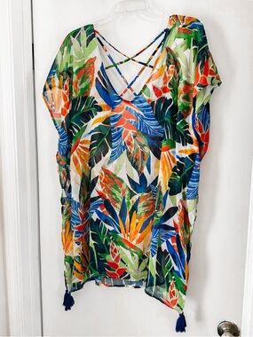Kona Sol Tropical Print Swim Cover Up Kaftan Tassel Hem Beach Top, Medium